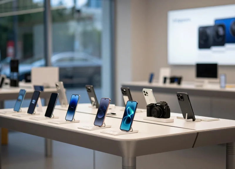 High-end retail showroom with luxury electronics displayed on pedestals under soft lighting.
