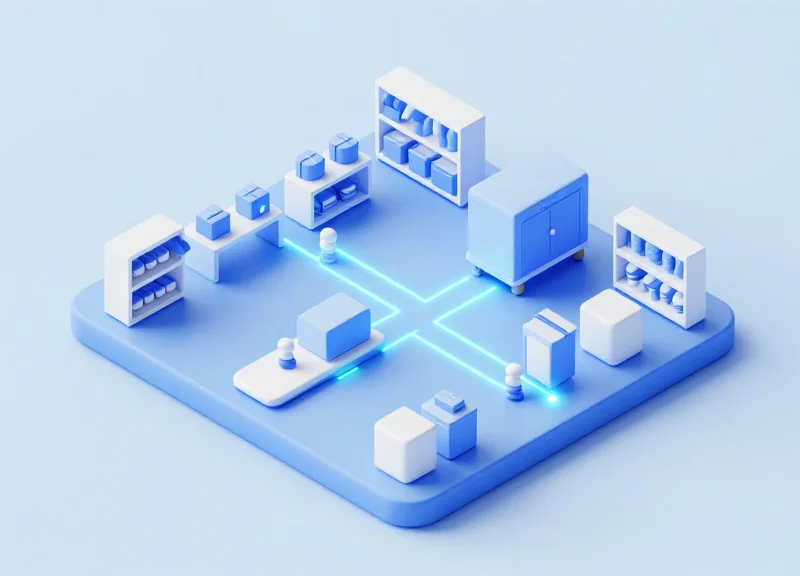 3D isometric model showing the flow from retail store to supply chain management.