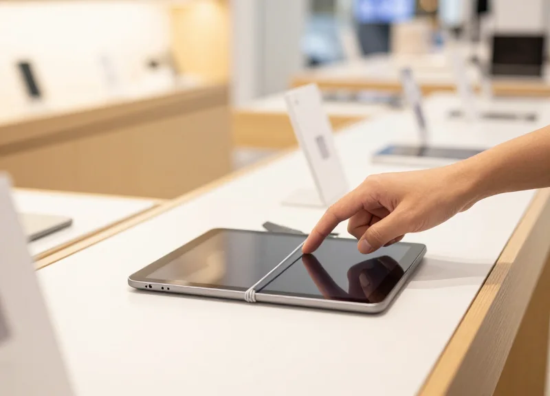 A customer interacting with a tablet on a secure display tether in a modern shop.