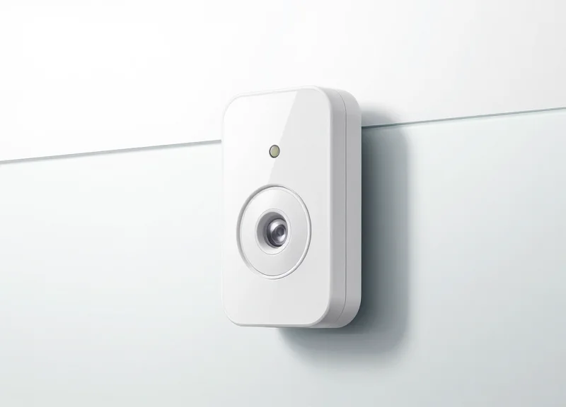 A small white electronic multi-alarm sensor attached to the back of a sleek smartphone with a coiled charging cable.
