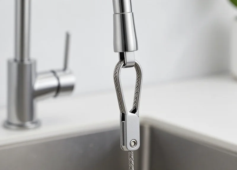 Close-up of a stainless steel security cable attached to a premium bathroom faucet.