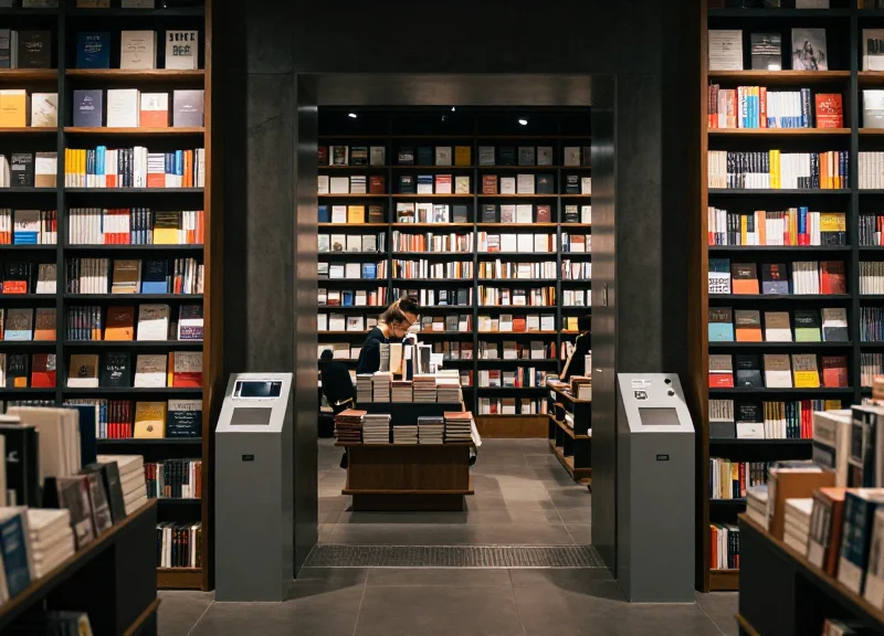 A wide interior view of a modern high-volume bookstore with clean shelves and sophisticated security gates at the entrance.