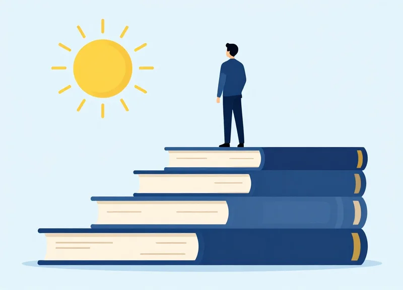 A flat vector illustration of a person reaching the top of a staircase made of books, representing financial growth and ROI.