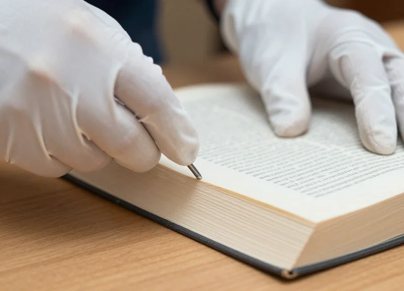 Close-up shot of a professional inserting a security strip into the deep gutter of a book.