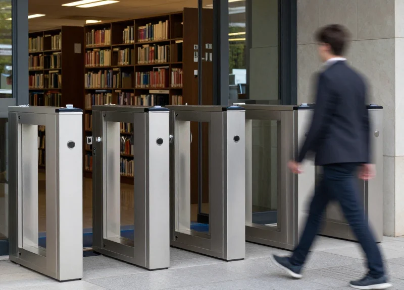 A library exit gate with security pedestals and blurred figures of people walking through