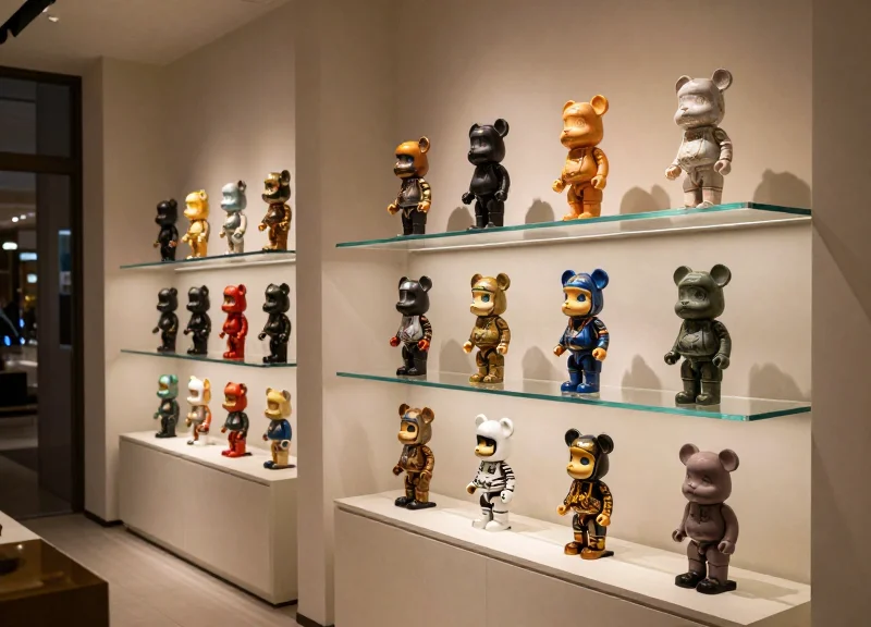 Interior of a high-end designer toy boutique with collectible art figures on sleek display shelves and soft ambient lighting.