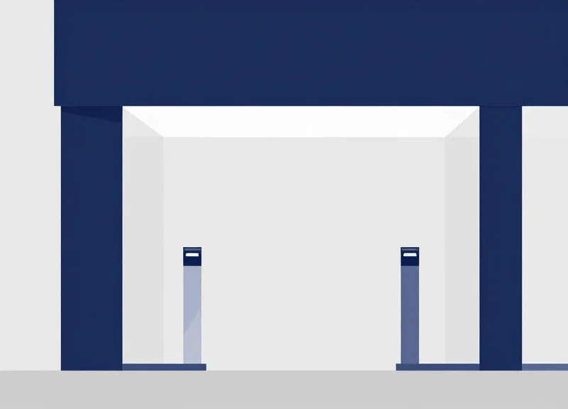 Flat vector illustration of a minimalist boutique entrance showing ultra-slim transparent security antennas.