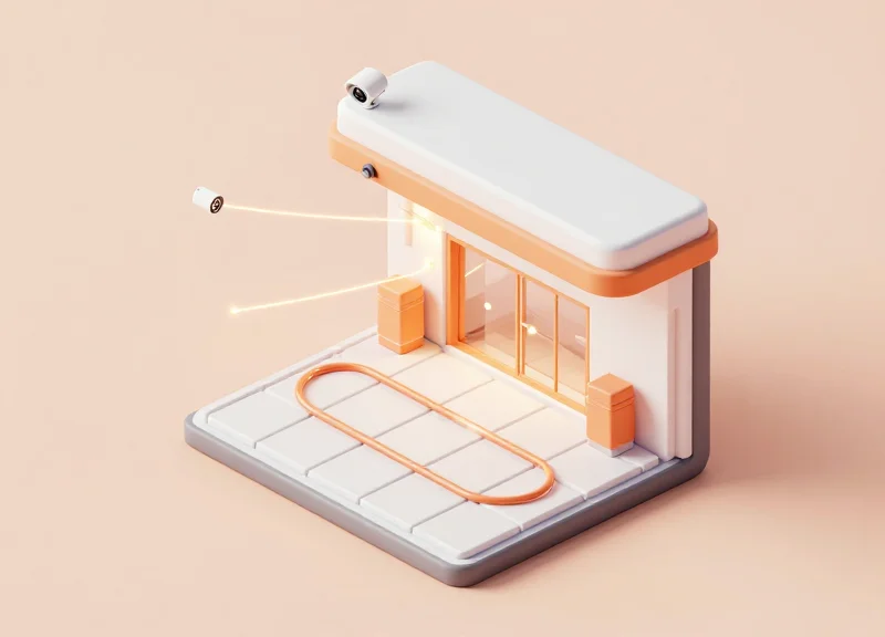 Isometric 3D view of a store entrance with invisible security loops under the floor and sensors in the ceiling.