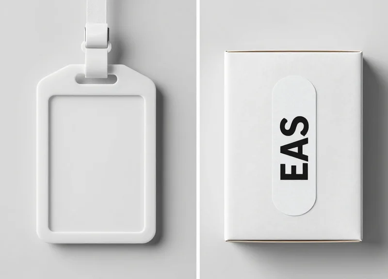 A side-by-side comparison of a bulky old-fashioned plastic security tag versus a modern slim EAS adhesive label on a product box.