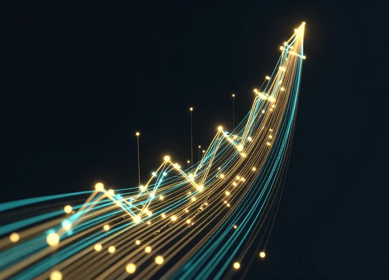 Abstract data visualization showing rising golden light trails and glowing nodes, representing high ROI and financial growth.