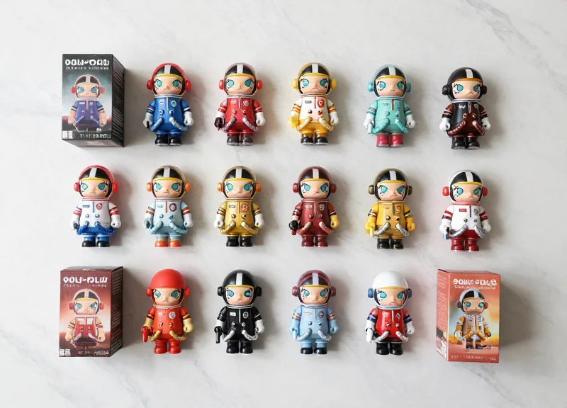A neatly organized flat lay of designer toys and blind boxes on a clean surface, emphasizing the aesthetic appeal of protected collectibles.