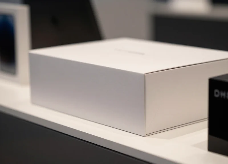 Close-up of a high-end luxury electronics box in pristine condition on a retail shelf under soft lighting
