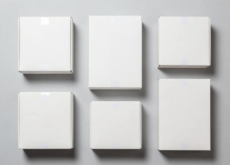 Top-down view of retail boxes with security labels applied in optimal locations