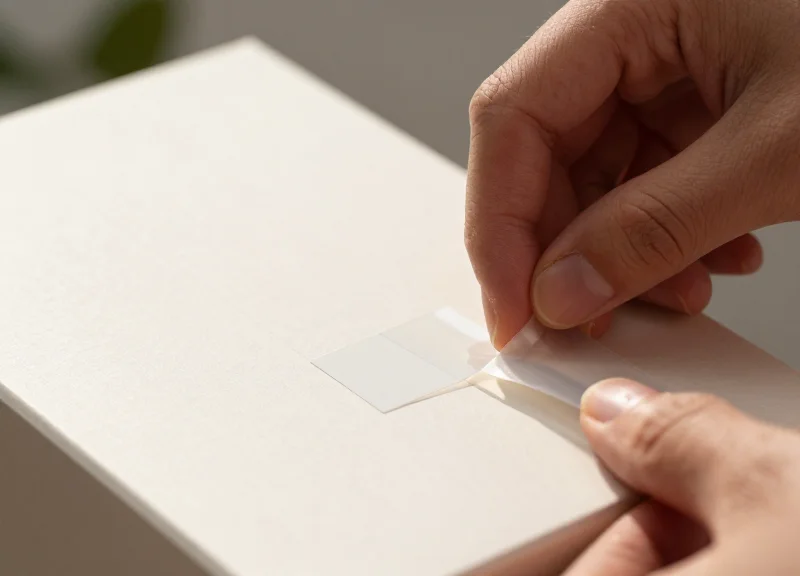 A pair of hands carefully removing a security label from a cardboard box surface