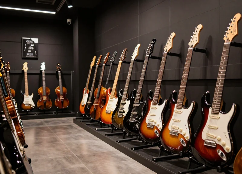 A high-end music store showroom featuring rows of luxury guitars and violins with professional lighting.