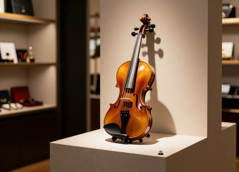 A discreet security sensor integrated into a luxury violin display pedestal.