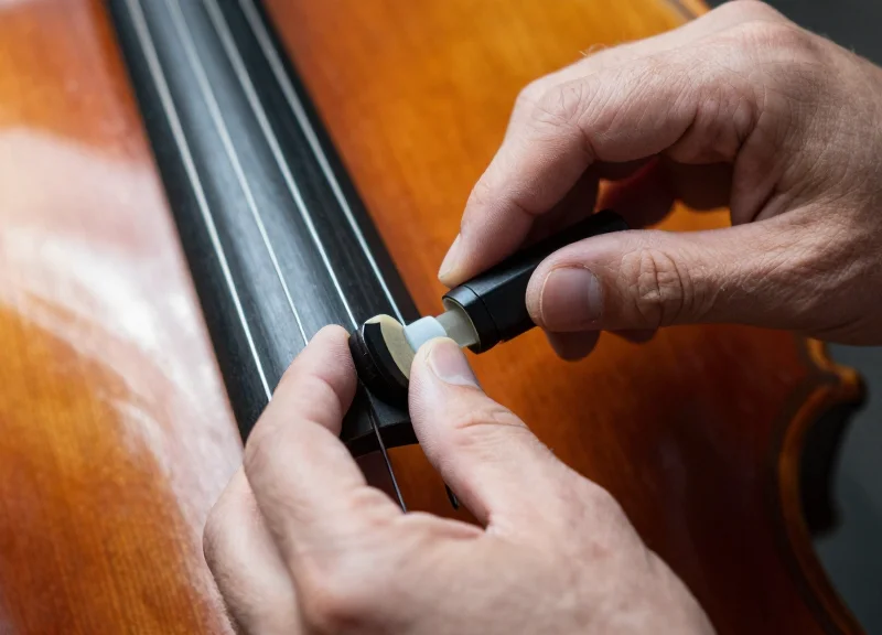 Technician hands installing a non-marring security device on a cello.