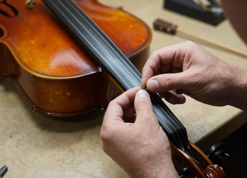 Close-up of a luthier's hands carefully installing a discreet security sensor on a cello.