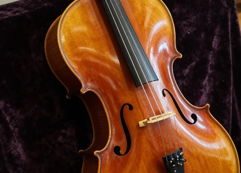 A close-up shot of a master-crafted cello's wood grain and strings, emphasizing its aesthetic value.