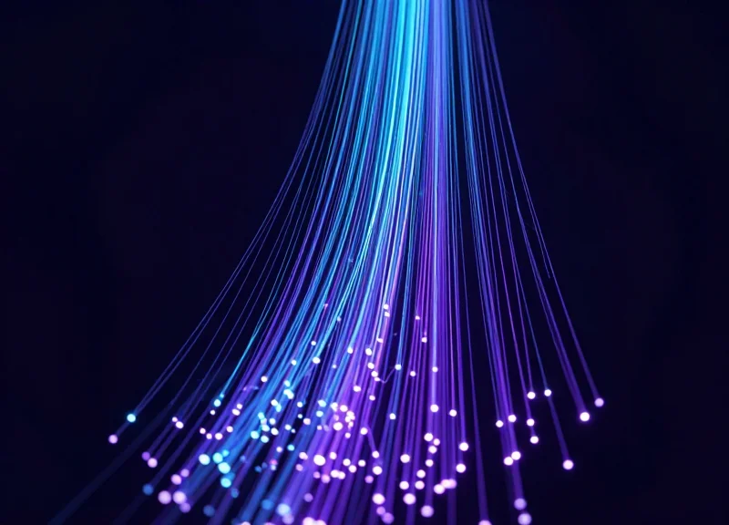 Abstract glowing data streams and nodes representing RFID technology in retail inventory management.