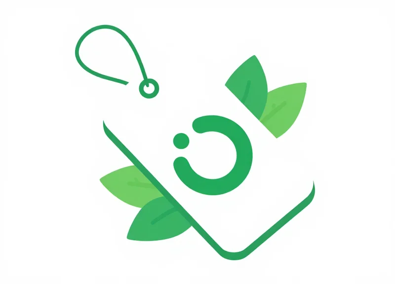 A conceptual illustration of an eco-friendly security tag with green leaf elements and recycled materials.