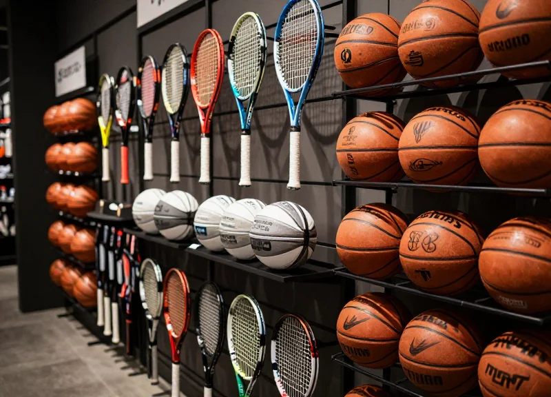 The interior of a high-end sporting goods store showcasing rows of tennis rackets and basketballs on wall racks.