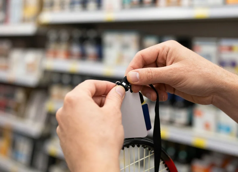 A close-up shot of hands quickly applying a lanyard tag to the throat of a tennis racket.