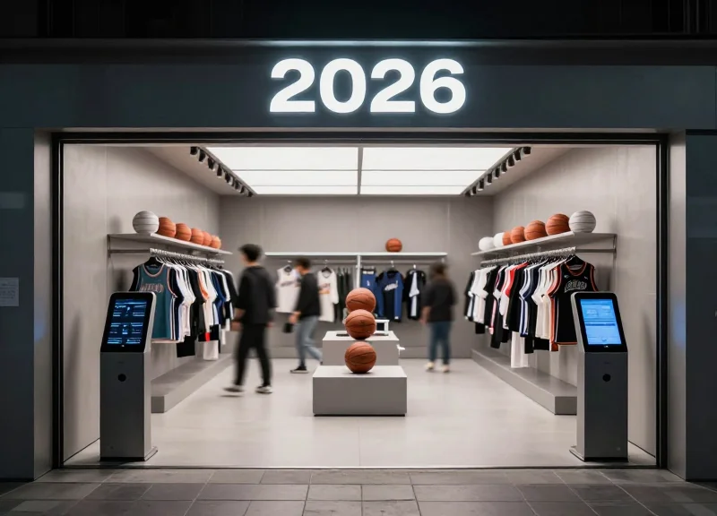 Modern sports store entrance with sleek digital security pedestals and premium athletic gear.