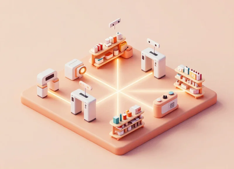 Isometric 3D diagram showing the integration of EAS antennas and RFID sensors in a retail environment.