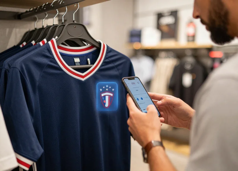 Customer using a mobile device to interact with smart RFID-tagged sports apparel in a premium store.