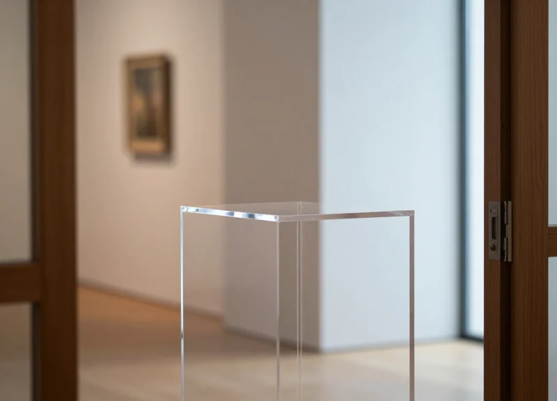 Discreet acrylic security gates at a modern museum gallery exit.