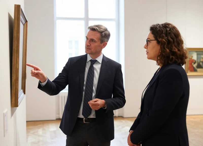 A security professional and a museum curator discussing security solutions in a gallery.