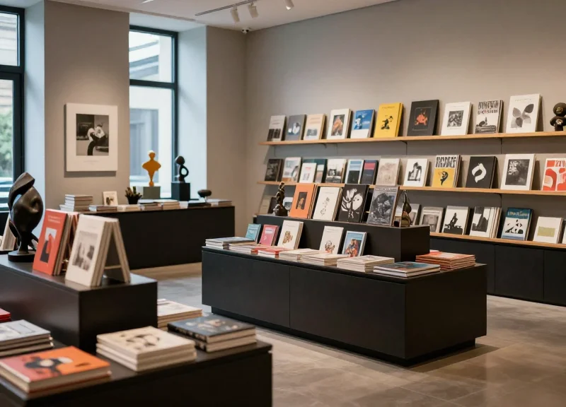 A high-end museum gift shop with elegant displays and discreet security integration.