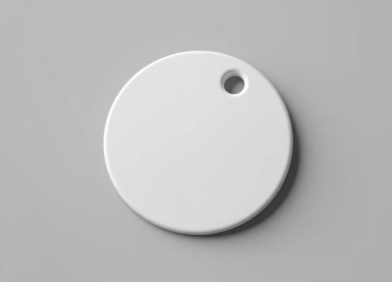 A macro studio shot of a tiny 15mm white security tag on a plain grey background.