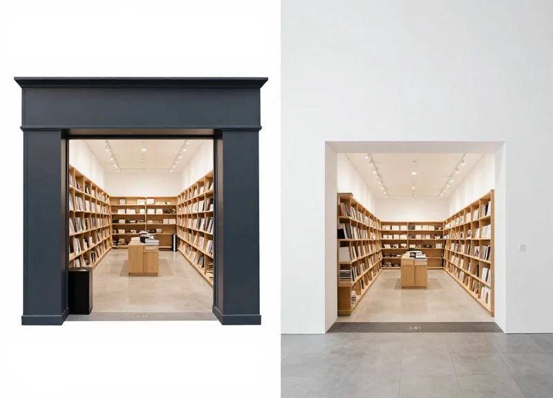 A side-by-side visual comparison of bulky traditional security gates versus a clean open museum entrance.