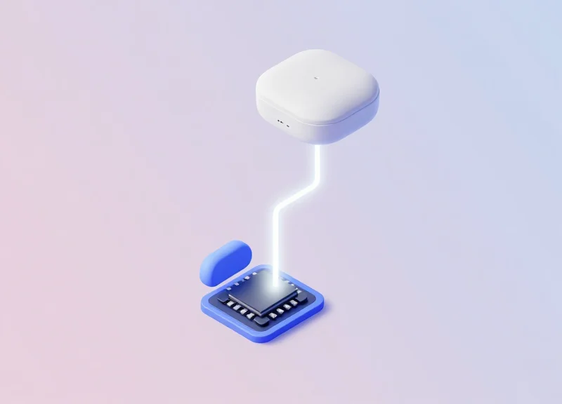 An isometric 3D model showing a security chip in a product communicating with a ceiling-mounted sensor.