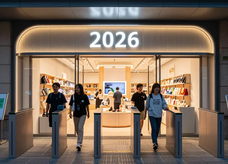 A modern and busy theme park souvenir shop entrance with advanced security systems in a futuristic 2026 setting.