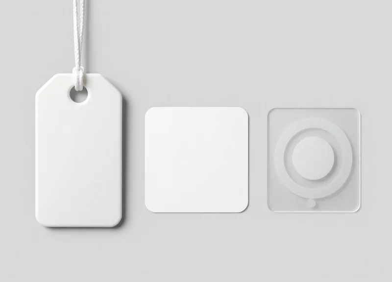 Side-by-side comparison of different types of EAS security tags: AM hard tags, RF labels, and RFID inlays.