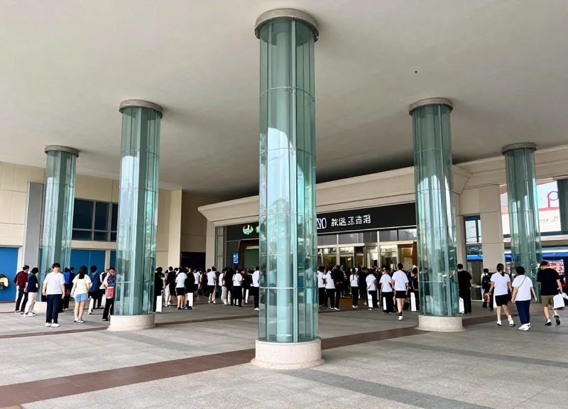 A wide-angle view of a shop entrance with extra-wide lanes for high-traffic throughput.