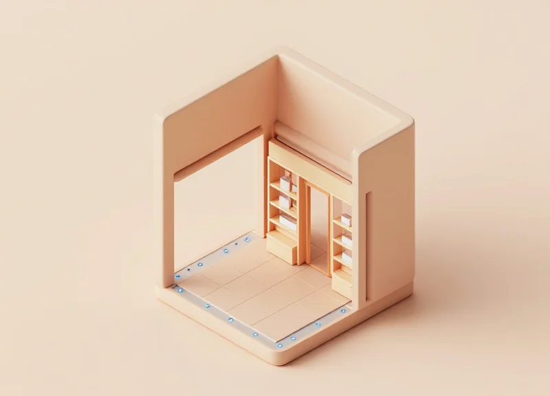 Isometric 3D view of a store entrance showing hidden electronic article surveillance sensors embedded in the floor and door frames.