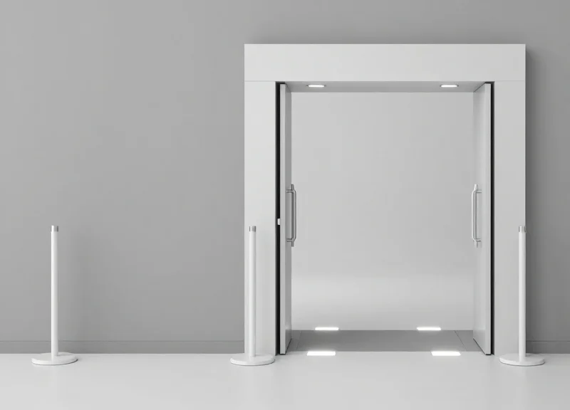 A side-by-side comparison of a traditional visible security gate vs an invisible floor-based security sensor.
