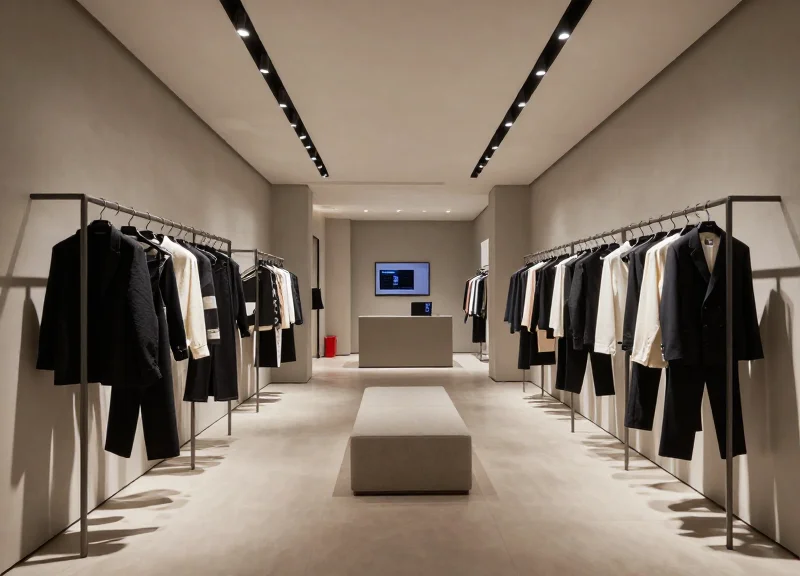Interior of a high-end unmanned fashion boutique with modern lighting and minimalist design.