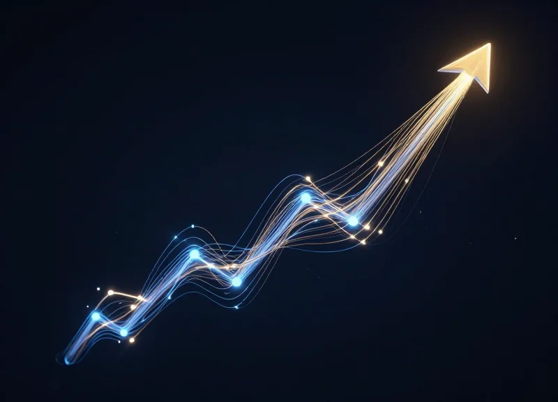 Upward trending light trails and fiber optic streams symbolizing business growth and ROI.