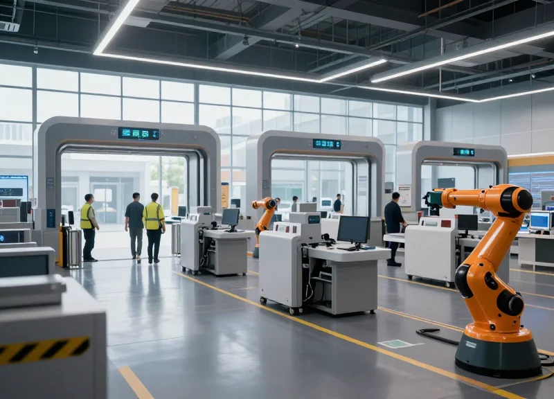 A wide shot of a retail distribution center using smart warehousing technology.