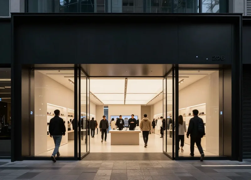 Futuristic retail store entrance with invisible gates and sleek minimalist architecture.