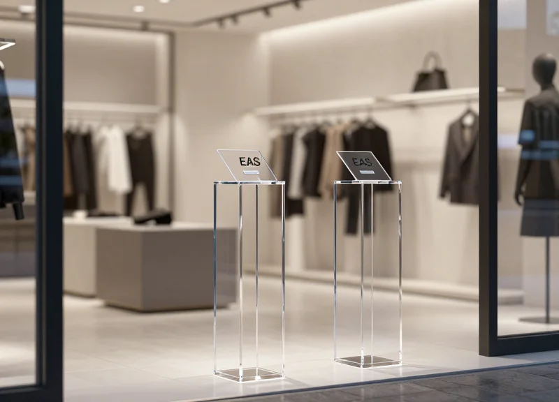 Elegant transparent security pedestals at the entrance of a high-end store
