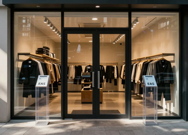 Retail store entrance with EAS security pedestals installed near the glass doors.
