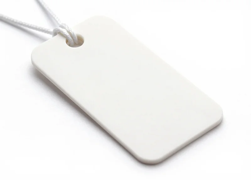 A standard white plastic security tag attached to a luxury fabric, studio lighting.