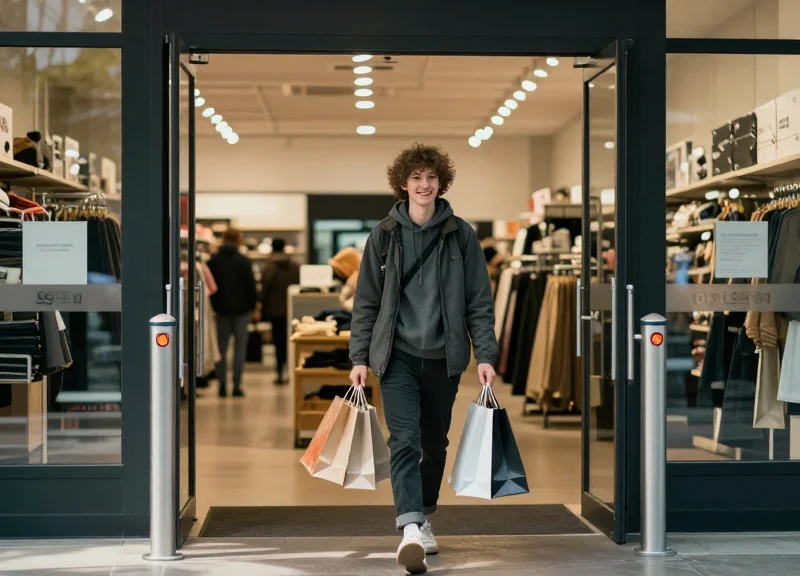 A customer walking freely through a store entrance without visible security gates.