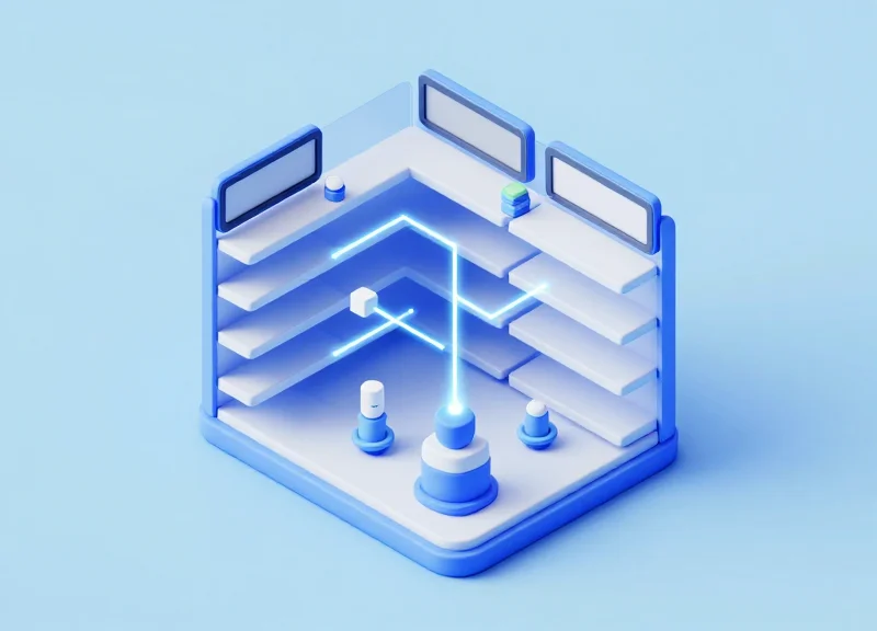 Isometric 3D model of a retail shelf with smart labels and sensors.